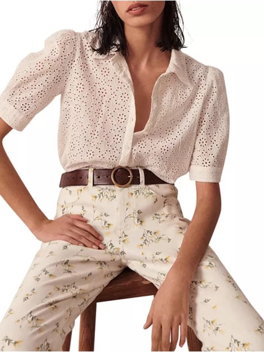 Ba&sh Cream Sparro Cotton Eyelet Blouse, size M